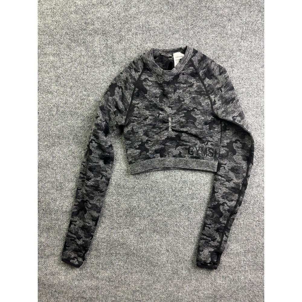 Gymshark Crop Top Womens XS Grey Camo Seamless Long‎ Sleeve Open Back GLCT1855